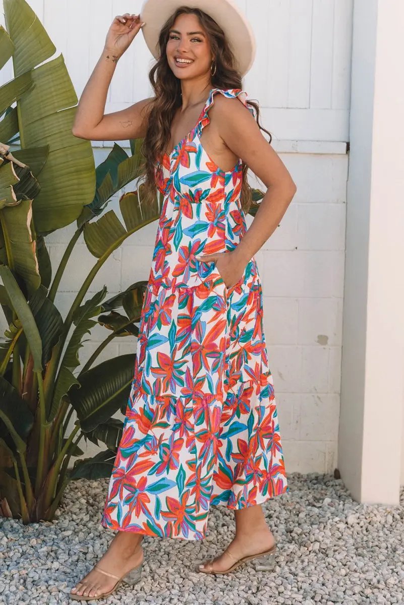 Red Boho Floral Ruffled Strap V Neck Maxi Dress for Summer and Beach - Love Salve